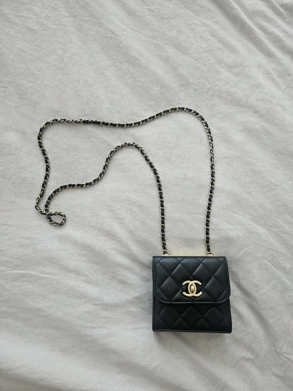 CHANEL Black Quilted Leather Mini Chain Wallet with Gold Hardware